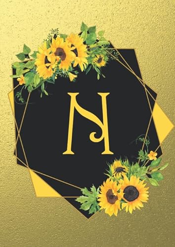 Letter N A4 Notebook: Golden Sunflowers Cover - Blank Lined Interior
