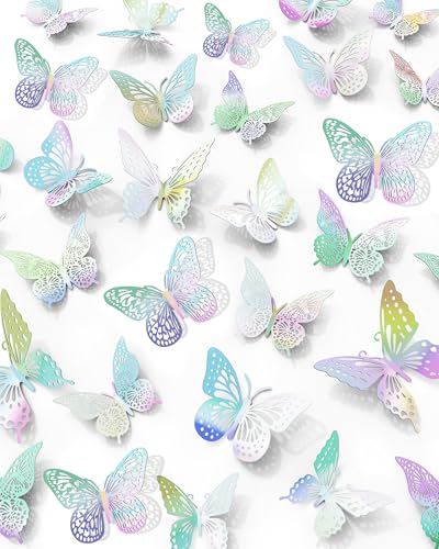 Image of 72Pcs 3D Butterfly Wall Decor, Laser Butterfly Decorations, 4 Styles 3 Sizes Removable Butterflies Room Decor Butterflies Wall Stickers for Birthday Party Garden Tea Cake Flower Decorations