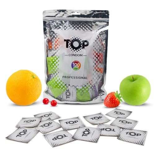 TOP Preservativos 100 unidades, mezcla afrutada, natural y sensación, de látex, con depósito, diámetro 53 mm, para hombre