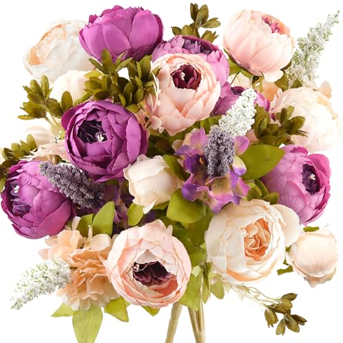 Image of FiveSeasonStuff Vintage Artificial Peonies Silk Peony Flowers and Hydrangeas for Wedding Bridal Home Decor - Beautiful Floral Centerpiece Arrangement 2 Bouquets (Mixed Pale Pink and Thistle Purple)