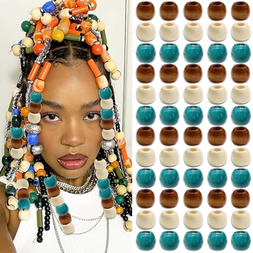 VENOFEN 60PCS Natural Wood Hair Beads Blue Brown White Braids Bead Large Wooden Loc Bead Dreadlock Jewelry Hair Decor Accessories for Women Men