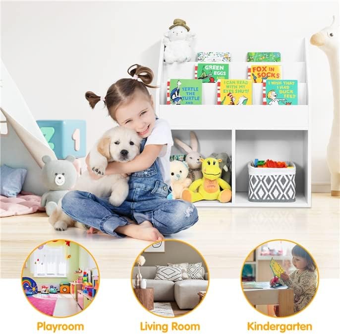 Miniatura 8 de Estantería para niños, armario de madera 2 en 1 de almacenamiento de juguetes, con estante y 2 estantes de exhibición de cubos grandes, adecuado