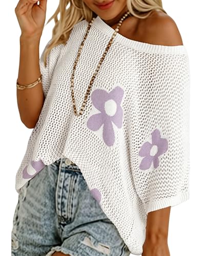 Image of SELINK Flower Crochet Tops for Women Short Sleeve Hollow Out Sweaters Swimsuit Cover Ups Lightweight Knit Pullover
