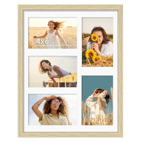 Image of DUENPY 11x14 Collage Picture Frame 4x6 Collage Picture Frame Displays Five 4x6 inch Photos or 11x14 (Without Mat) Wall Decor Wall Hanging or Tabletop Wood Color