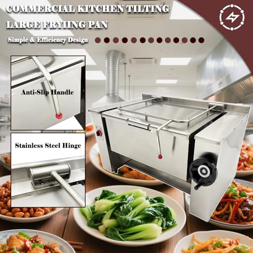 EQCOTWEA Commercial Electric Tilting Skillet Braising Pan 38 Gallon/145L Restaurant Range, Large Volume Stir Fry Pot with Manual Tilt, Stainless Steel Hot Plate for Soup & Stew 220V/3PH/14.4KW
