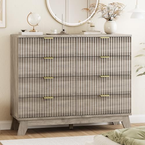Image of Fluted Dresser for Bedroom with 8 Drawers, 48 inch Wide Modern Chest of Drawers with Metal Handle, Wooden Dresser TV Stand, Wood Closet Clothes Storage Drawer Organizer for Living Room, Hallway, Grey