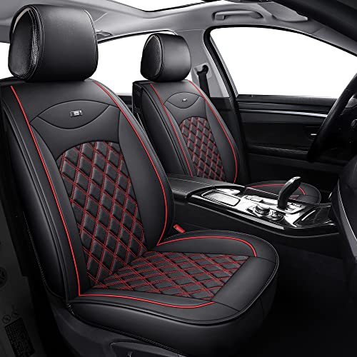 Udpomb 2 Stück Auto Vordersitzbezüge aus Leder in Schwarz&Rot mit Rhombus Motiv - Universelle Passform für Meisten Autos - Airbag kompatibel - Verschleißfestes Kunstleder - Einfache Installation