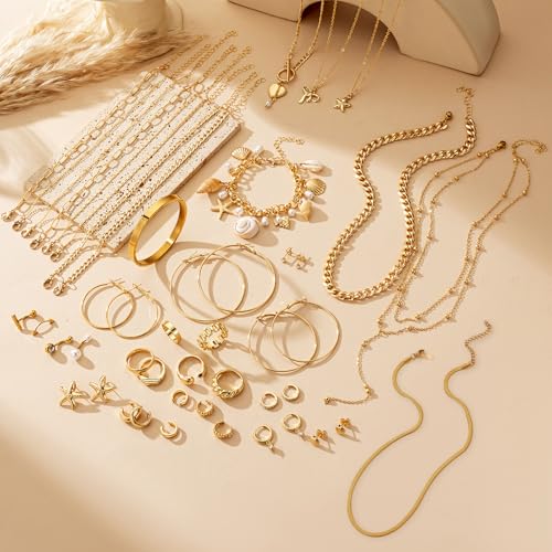 Gold Jewelry Set for Women,53 PC Gold Plated Jewelry Set with 9 Necklace, 9 Bracelet, 25 Ear Cuffs Earring, 5 Ankle Bracelets ,2 Rings and 3 Belly Button rings for Women Valentine Anniversary Birthday Gifts (49PC)3