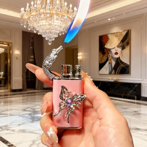 Encendedor Doble Llama Rosa con Mariposa Pintada a Mano miniatura 3