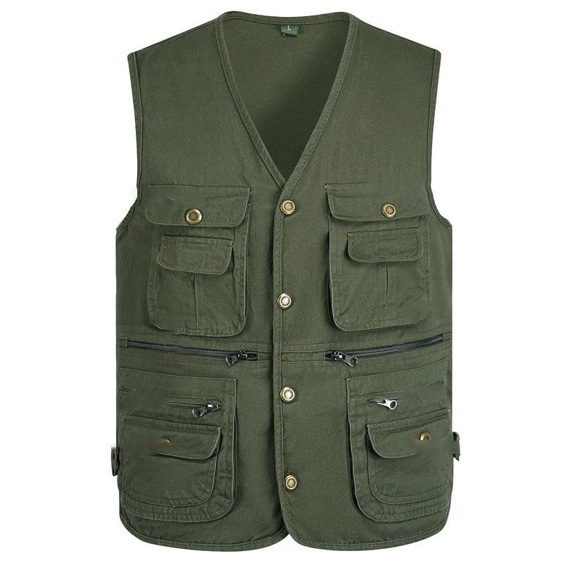 USTZFTBCL Men's Spring Autumn Pure Cotton Snap Button Multi-Pocket V-Neck Vest Middle-Aged Elderly3