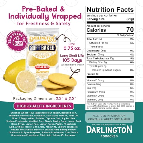 Image of Darlington Snacks Soft Baked Sugar Free Lemon Cookies, Sugar-Free Soft Lemon Cookies, 100% Nut Free Cookies Lemon Dessert, Made in USA, 106 Count