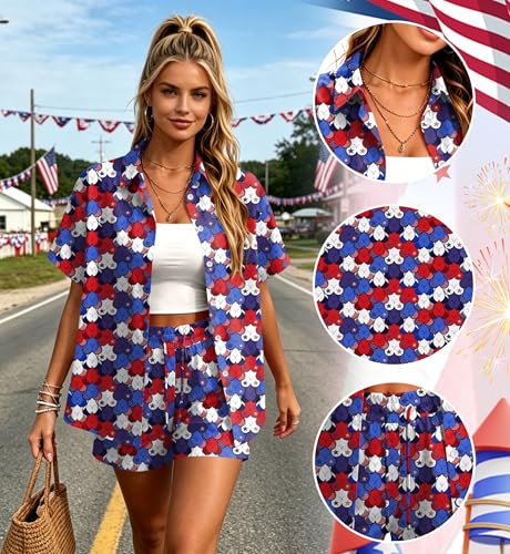 Image of Women 4th of July Outfit 2 Piece Set Short Sleeve Button Down Shirt and Shorts American Flag USA 250th Anniversary