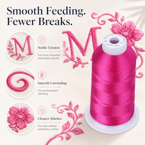 Image of Simthread 5500Yds Embroidery Thread 5000M, 40WT 100% Polyester Machine Embroidery Thread, High-Yardage Spool for Brother, Singer, Janome, Babylock, Husqvarna Machines, Fuchsia S077 | 5000M 40WT polyester thread feeds smoothly for home or commercial embroidery projects.