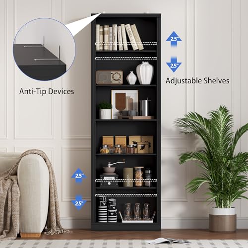Image of BORNOON 74 inch Tall Bookshelf, 6-Tier Floor Standing Bookcase with 2 Adjustable Shelves, 24 inch Wide Open Storage Shelf, Modern Display Organizer for Home Office, Living Room, Bedroom, Study
