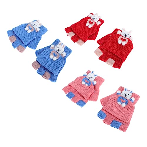 Homoyoyo 3pairs Cartoon Knitting Gloves for Boy Girl Flap Cover Half Finger Design for Comfort and Warmth Adorable Gloves for Outdoor Sports and Everyday Wear