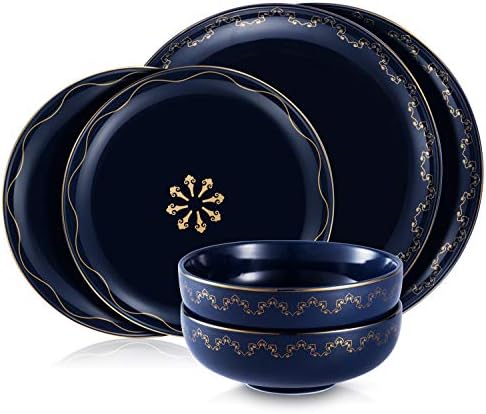 Blue and Gold Dinnerware Set,High Class Porcelain Dinnerware Set | Gold Banded Elegant Deep Blue China | Microwavable Dishwasher Safe (6 Pieces without Mug)