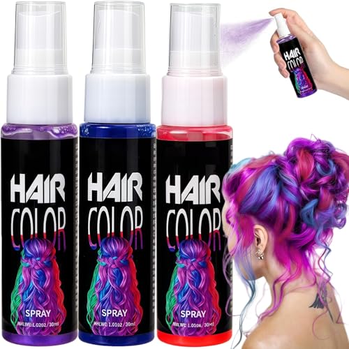 3 Colors Washable Hair Colour Spray Temporary Hair-Dye Hair Colour Wash Out for Parties Cosplay Halloween Christmas (Red Blue Purple)