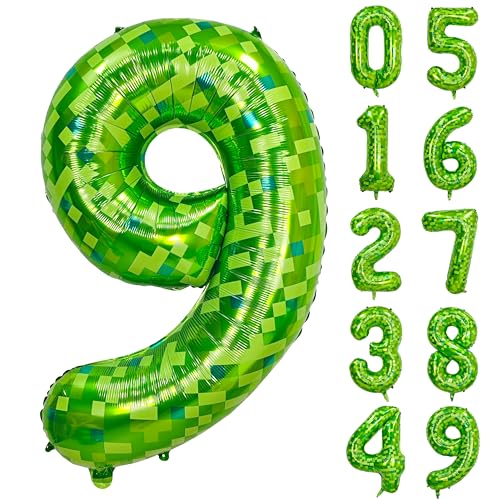 Image of 40 inch giant Green pixel miner game number 9 balloon | Large mining theme foil balloon 0-9 for pixel game parties children's birthdays party anniversary baby shower decoration