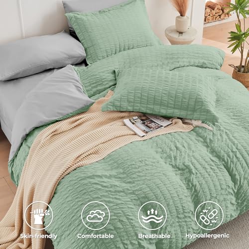 Image of HYMOKEGE Sage Green /Light Grey Full Size Comforter Sets Seersucker 7 Pieces, All Season Luxury Bed in a Bag for Bedroom, Bedding Set with Comforter, Sheets, Pillowcases & Shams