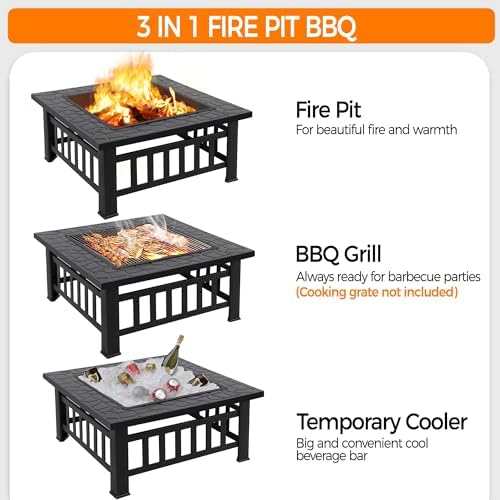 Yaheetech Multifunctional Fire Pit Table 32in Square Metal Firepit Stove Backyard Patio Garden Fireplace for Camping, Outdoor Heating, Bonfire and Picnic - 5