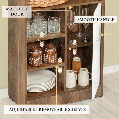 Image of ABOUT SPACE Kitchen Organizer Rack - 5.5 ft Wooden Kitchen Cabinet with 3 Long, 3 Adjustable Shelves, 1 Rack with Door & Adjustable Shelf for Home (White, Walnut - L 60 x B 30.5 x H 166.5 cm)