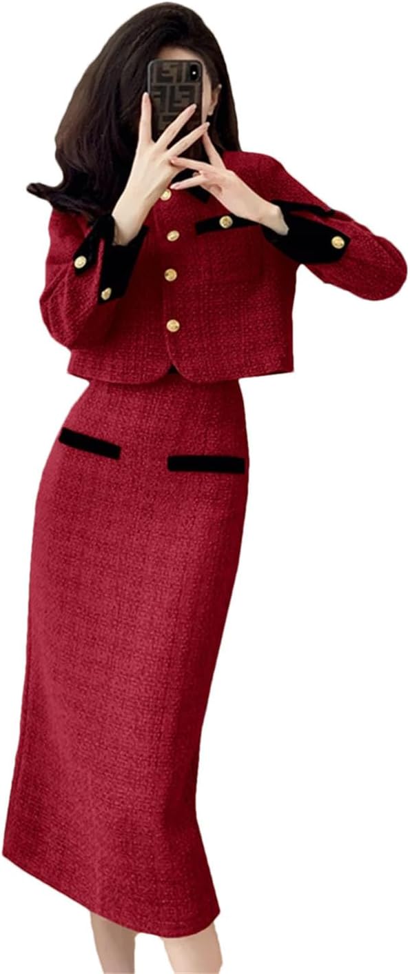 Women French Vintage Tweed Two Piece Set Short Jacket Coat + Bodycon Skirt Elegant 2 Piece Outfits