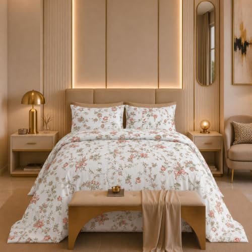 Image of Jaipur Weaves Cotton Linen Feel King Size Bedsheet 108x108 Super King, 100% Pure Cotton Bed Sheet with 2 Pillow Covers, 300 TC Soft Breathable Floral Design Bedding -(Vintage Red, Super King)