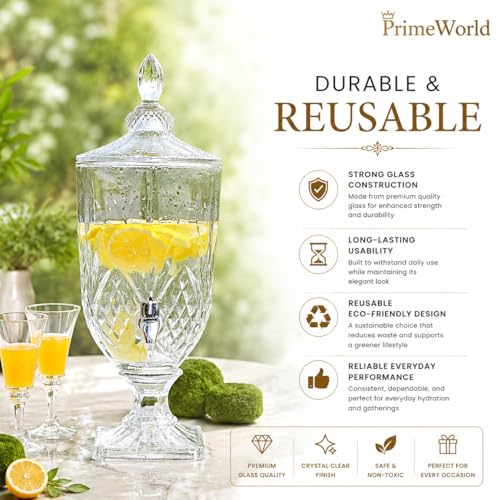 Image of PrimeWorld 1 Pc Glass Water Dispenser with tap 2 Litre Beer Dispenser Storage Mason Jar Beverage Dispenser Glass Pitcher with tap Pitcher for Detox Water, Juice Counter Table Top (Random Design)