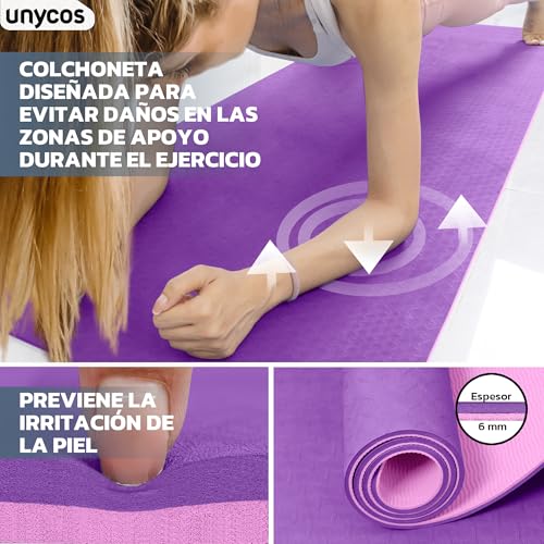 unycos - Esterilla de Yoga, Pilates y Otros Deportes - Colchoneta Antideslizante TPE con Bolsa y Correa para Llevar al Hombro | Ecológica - No Tóxica - 183 x 61 cm (Morado sin Diseño) - imagen 5