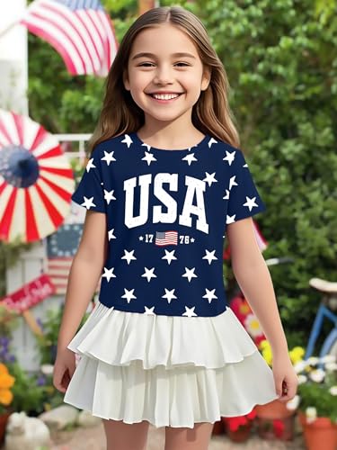 Image of VVNTY Girls American Flag Crop Tops Kids USA Crop Shirt Patriotic 4th of July Tops 5-14 Years