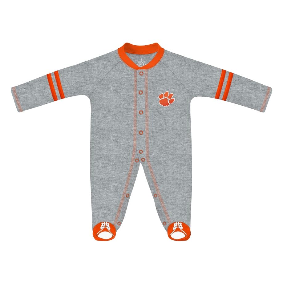 Creative Knitwear College Baby Infant Sports Shoe Footed Romper Long Sleeve- Clemson Tigers Logo, Oxford/Orange, Size 6-9 Months