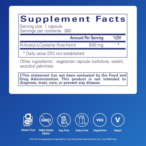 Image of Pure Encapsulations NAC 600 mg, 360 Capsules | N-Acetyl Cysteine NAC Supplement for Lung Health and Immune Support*, Liver Support and Antioxidants*