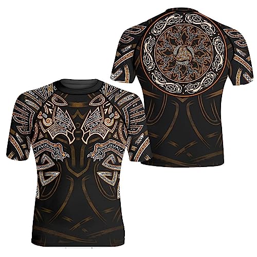 Viking Rash Guard Short Sleeve Baselayer Skins Performance Fit Compression Shirt MMA BJJ Print 3D Never Fade