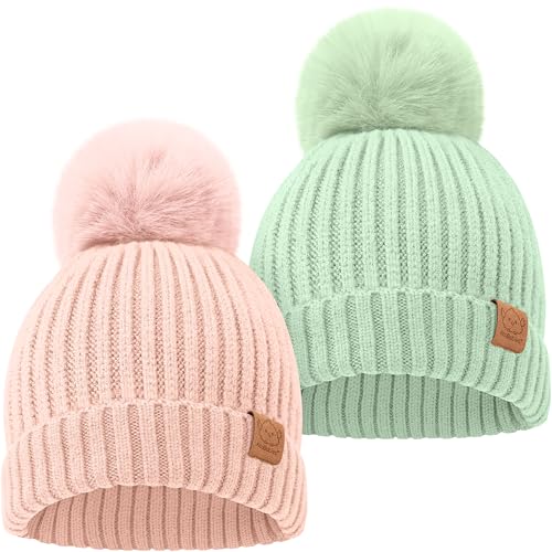 Image of KeaBabies 2-Pack Baby Hats for Girls, Boys - Stretchy Baby Beanies, Cute Newborn & Toddler Winter Hat, Soft & Warm Pom Pom Beanie for Infant, Toddler, Boys, Girls 6-36 Months (Macaron, M)