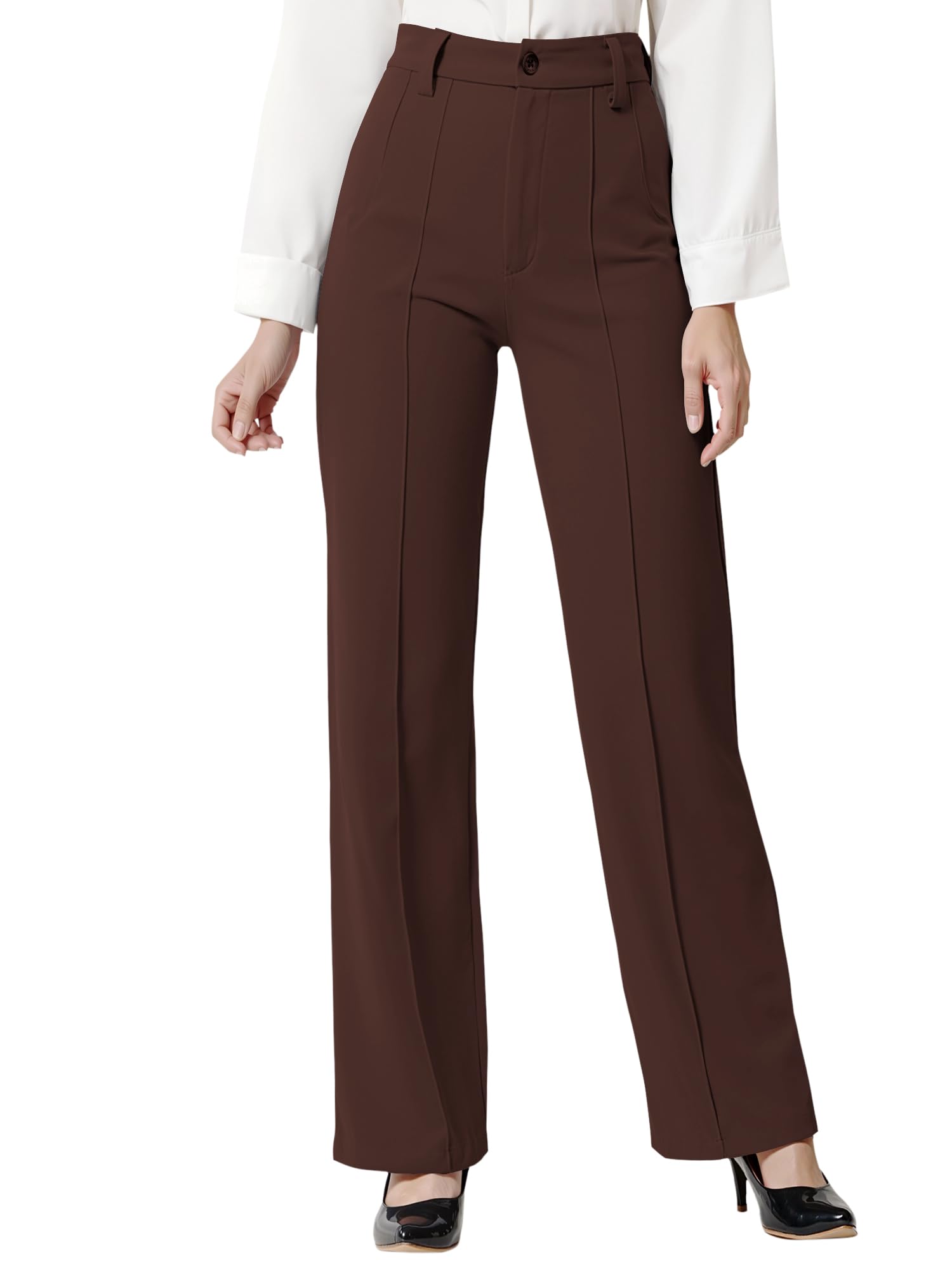 AND Womenâ€™s High Waist Formal Straight Fit Trousers Premium Stretch Office Pants Front Pleated Design Smart Workwear Bottom for Office, Casual & Business Wear in neutral