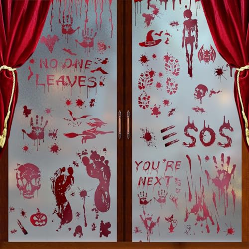 9 Sheets Halloween Window Stickers Removable Electrostatic Halloween Window Decorations Reuseable Double-Sided Skull Bloody Handprints Ghost Stickers for Window Decal Party Decorations