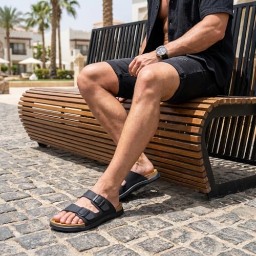 Image of CUSHIONAIRE Mars Double Buckle Slide Sandals for Men with Arch Support, Cork Footbed and EVA Outsole