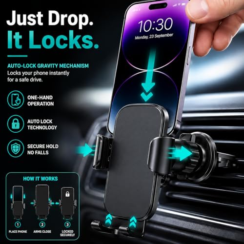 Image of 2026 Auto Lock Car Mobile Holder for Dashboard AC Vent, One Hand Gravity Car Phone Holder with Strong Grip, 360 Rotation, Anti-Shake Design, Universal Stand for iPhone, Samsung & Smartphones