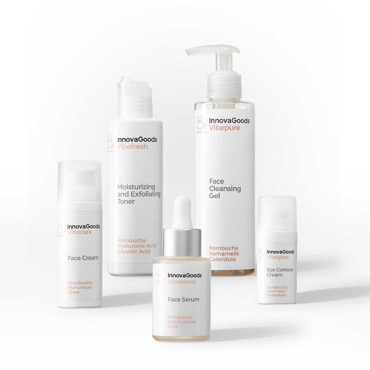 InnovaGoods® Set skincare, x1 crema hidratante facial, x1 contorno de ojos, x1 sérum facial, x1 limpiador facial, x1 tónico facial, ingredientes naturales kombucha, hidrata, ilumina. Todo tipo de piel
