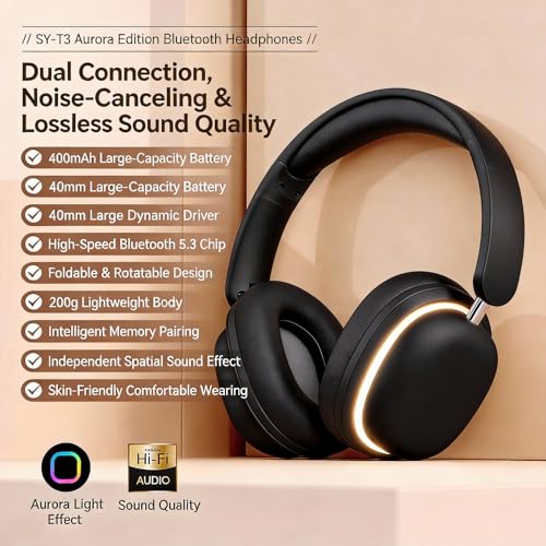 Image of Over-Ear Wireless Bluetooth Headphones with 5.3 Chip, 20H Playtime, 40mm Drivers, Foldable & Lightweight Design, RGB Lighting, Dual Mic for Clear Calls, Compatible with PC /Phone, SY-T3 Black.
