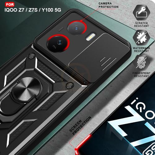 Image of Armor Bumper Back Cover Case for IQOO z7 Rotating Camera Cover, Ring Holder & Kickstand | Heavy Duty & 360 Degree Protection IQOO z7 Back Cover (Black)