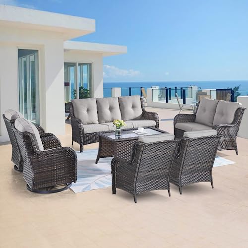 Belord Juego de muebles de mimbre para exteriores, 7 piezas de muebles de ratán para patio con sillas mecedoras giratorias, sofá al aire libre para porche, terraza, patio trasero, marrón/gris