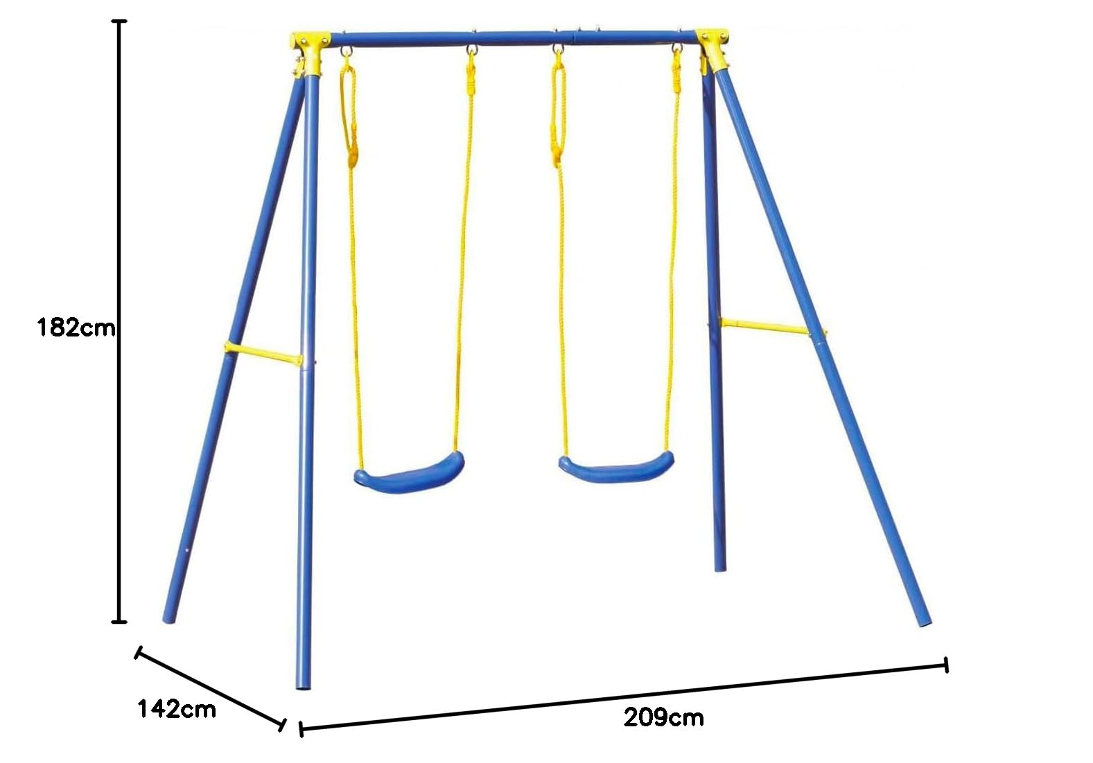 Altalena Gioco per Bambini a Due Posti - Altalena da Esterno con Sedute Regolabili e Piedini Antiscivolo, Ideale per Giardino e Terrazzo, Blu, in Metallo Antiruggine, 209x142x182 cm