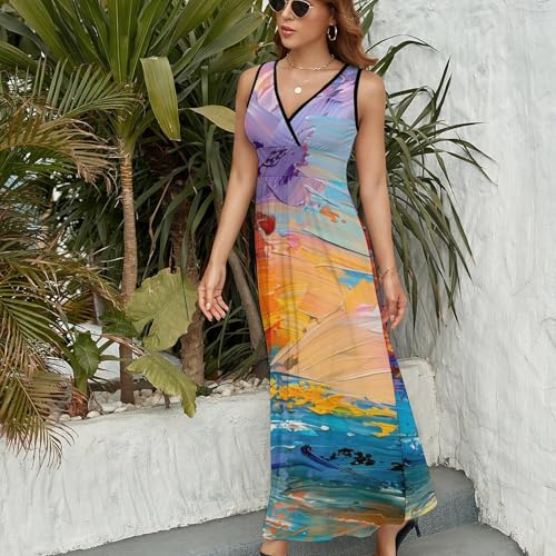 Robe d'été sans manches col V imprimé abstrait grande taille chic