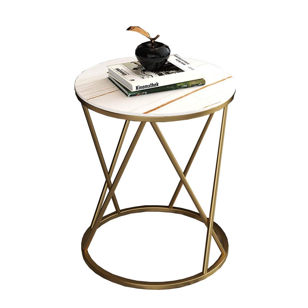 Table de chevet pour chambre à coucher ronde en ardoise blanche et métal doré scandinave