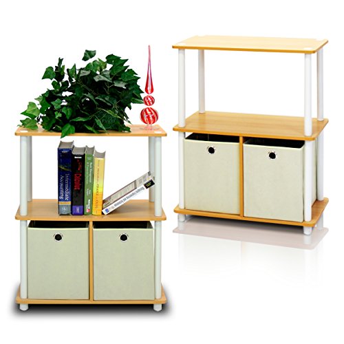 Image of Furinno TURN-N-TUBE Storage Shelves Set of 2, 3-Tier Toolless Book Shelf with Storage Bins, Display Shelf, for Organization and Storage, Living Room, Garage, Home Office, Beech