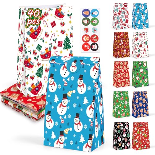 MCPINKY 40PCS Christmas Treat Bags Bulk - Gift Bags with Sealing Stickers for Cookies, Lunch, Party Favors