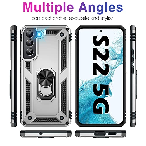 Image of Vaki for Samsung Galaxy S22 5G Case with Built in Screen Protector Military Grade Hard Rugged Cover Heavy Duty Armor Galaxy S22 Phone Cases with Metal Ring Kickstand Shockproof Sliver