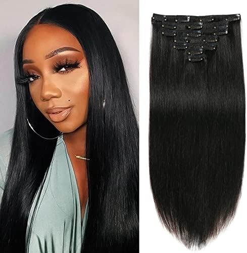 Clip in Hair Extensions Real Human Hair for Women Straight Silky Human Hair Extensions 100% Unprocessed Brazilian Remy Human Hair Full Head 7 Pcs with 16 Clips Jet Black Color (14 Inch,#1 Jet Black)