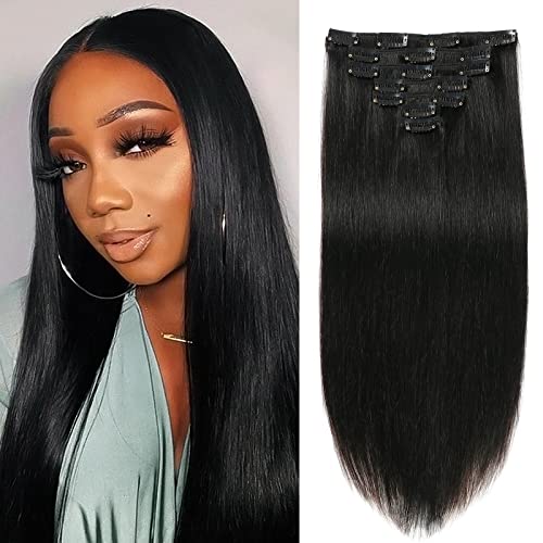 Clip In Hair Extensions Real Human Hair For Women Straight Silky Human Hair Extensions 100% Unprocessed Brazilian Remy Human Hair Full Head 7 Pcs With 16 Clips Jet Black Color (14 Inch,#1 Jet Black) #TOP2